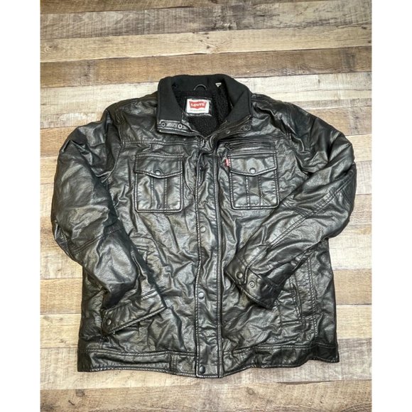 Levis Men XL Black Faux Leather Jacket Sherpa Fleece Lined Full Zip Biker Racer - Picture 1 of 6